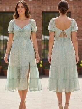 NWT Trixxi Sage Green Floral Puff Sleeve Midi Dress Size XL